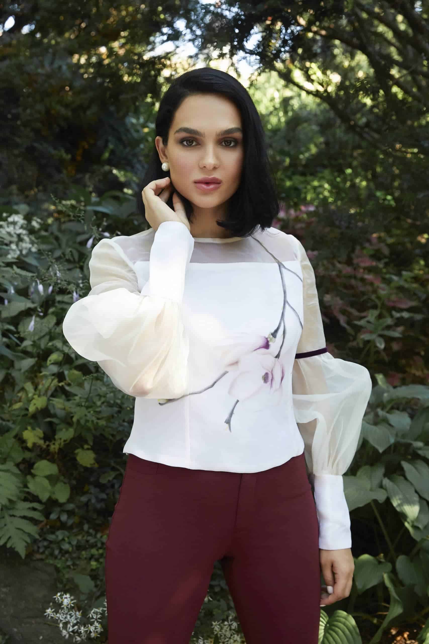 hand painted Couture silk blouse with balloon sleeves