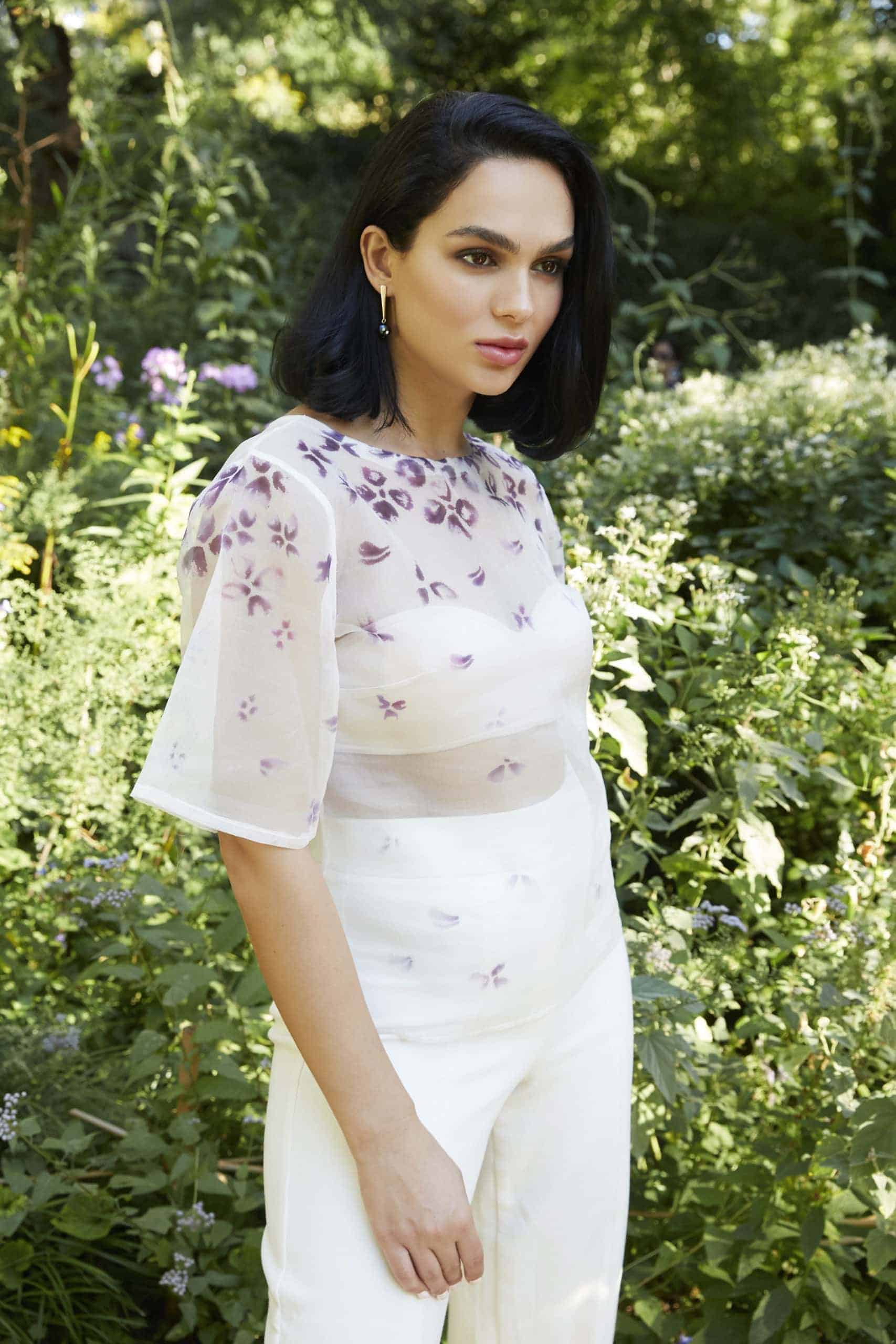 Couture silk organza top featuring hand painted floral design