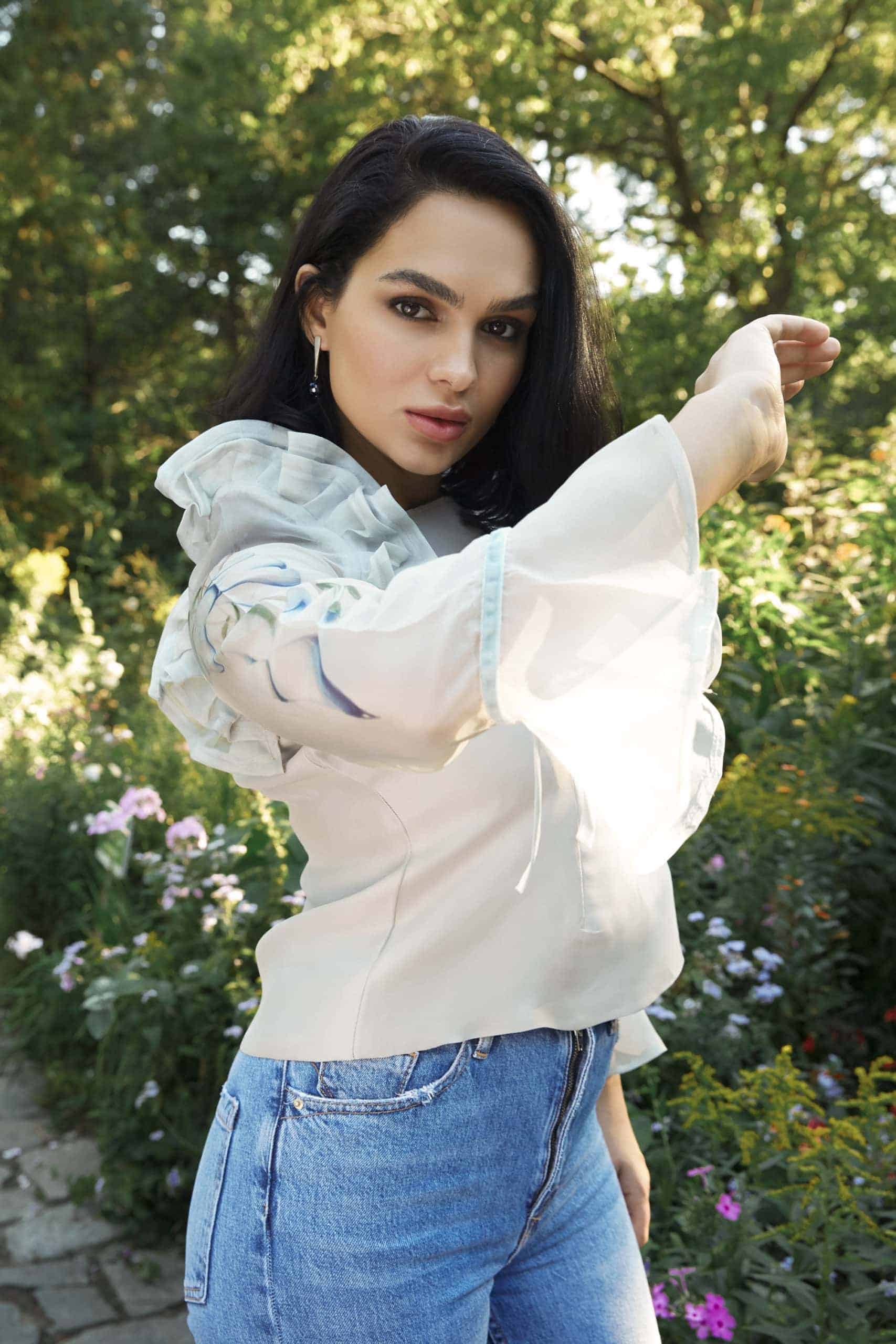 hand painted silk top in shades of blue