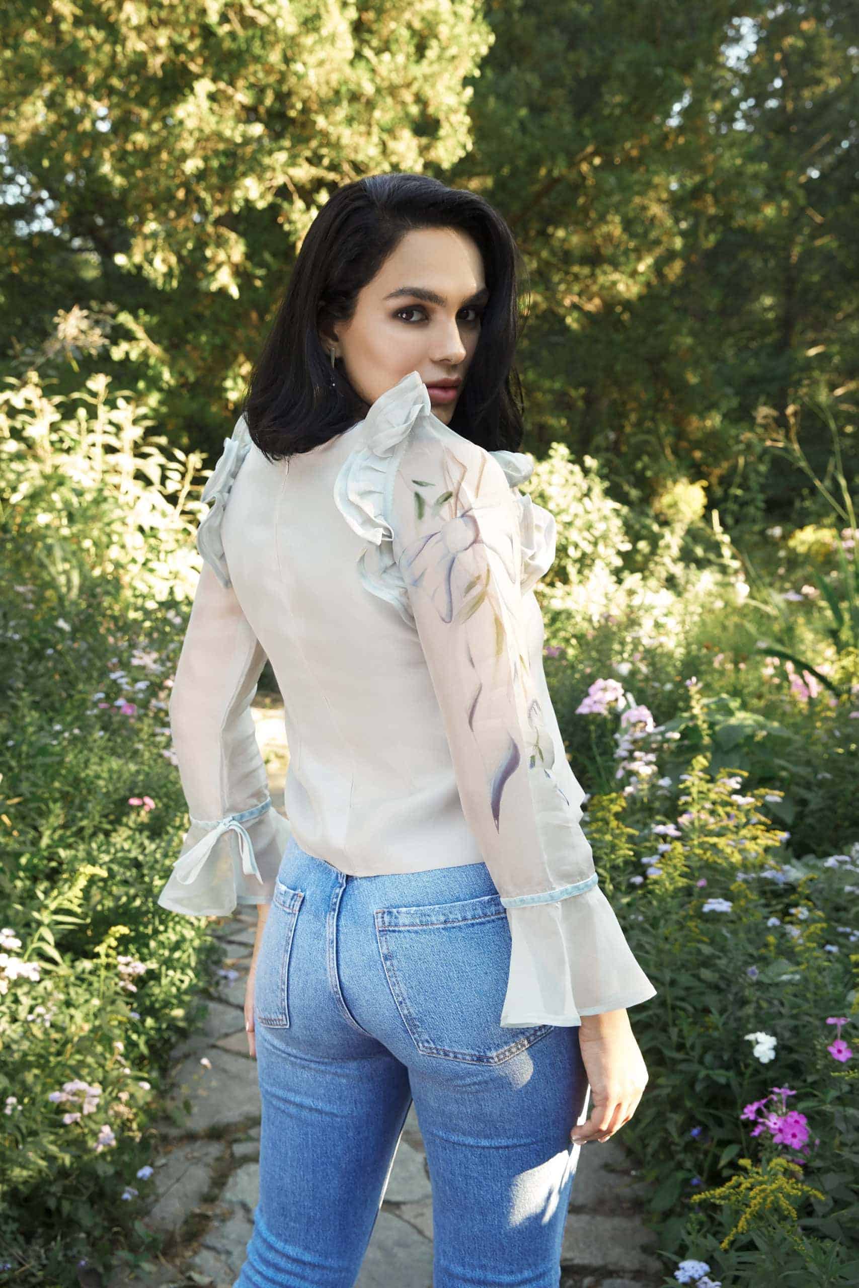 hand painted silk top with ruffles sleeves