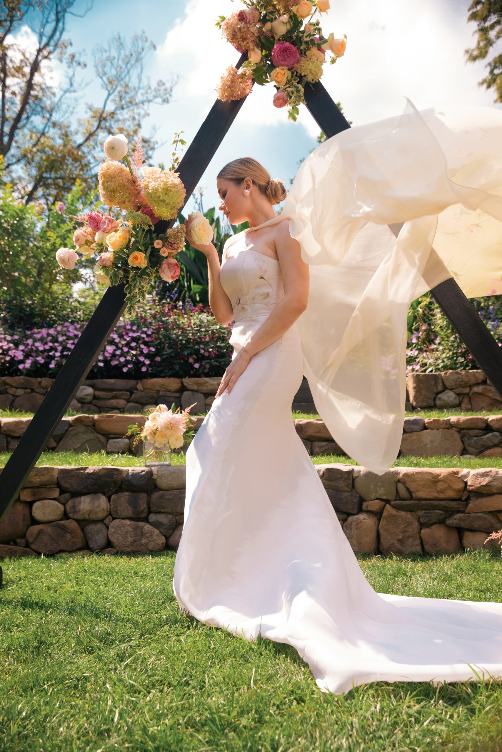 Hand painted peony floral silk chiffon cape