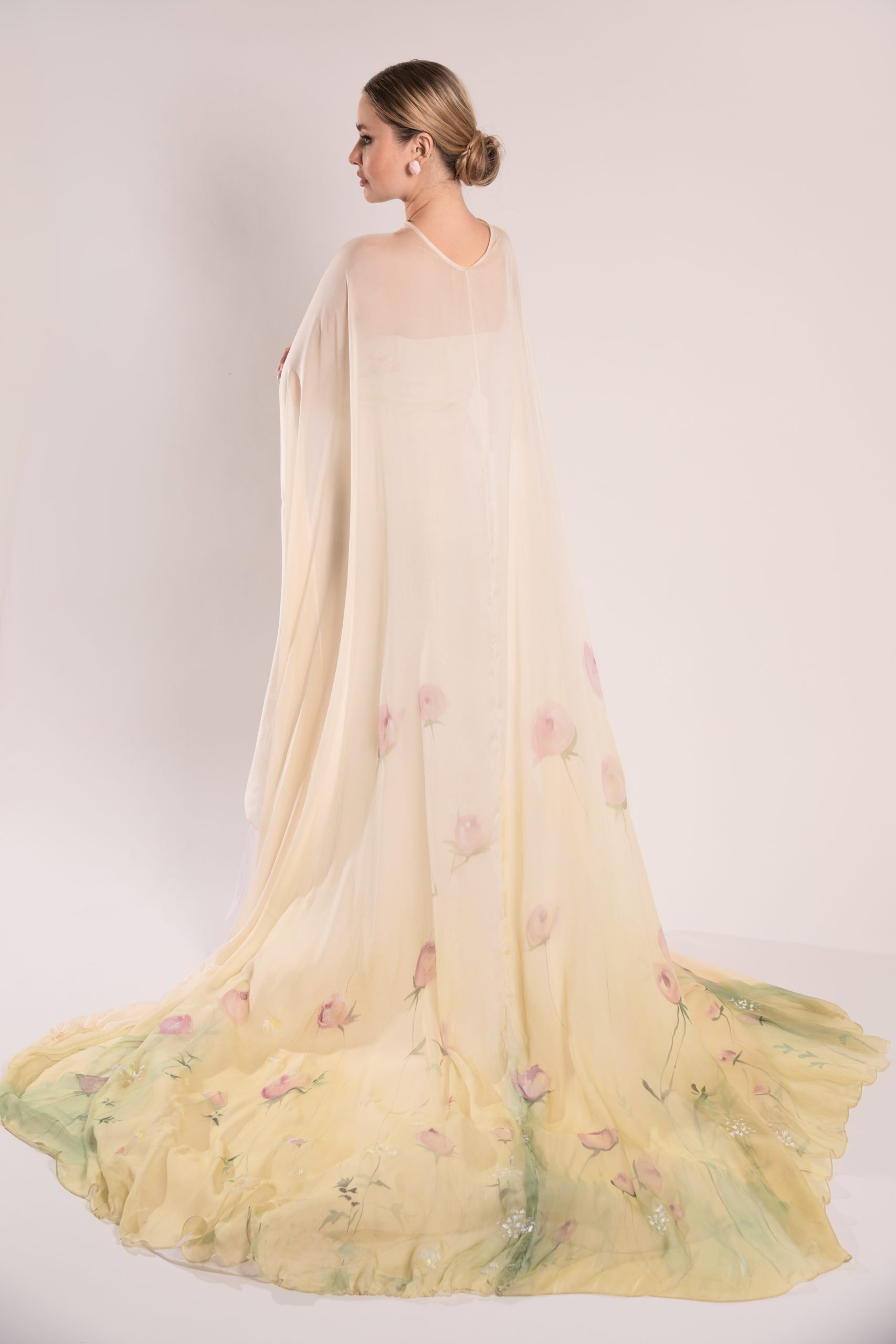 Elegant hand painted silk chiffon wedding cape with peony floral design