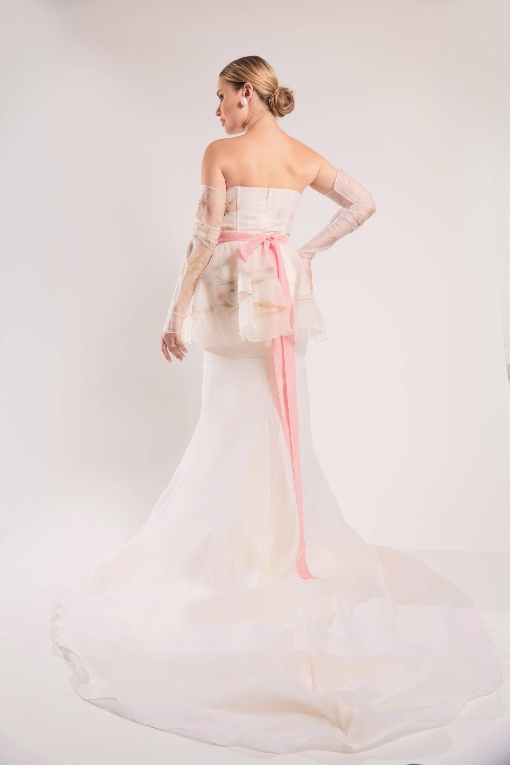 Luxury couture silk bridal gown with removable ruffled sleeves and hand painted details