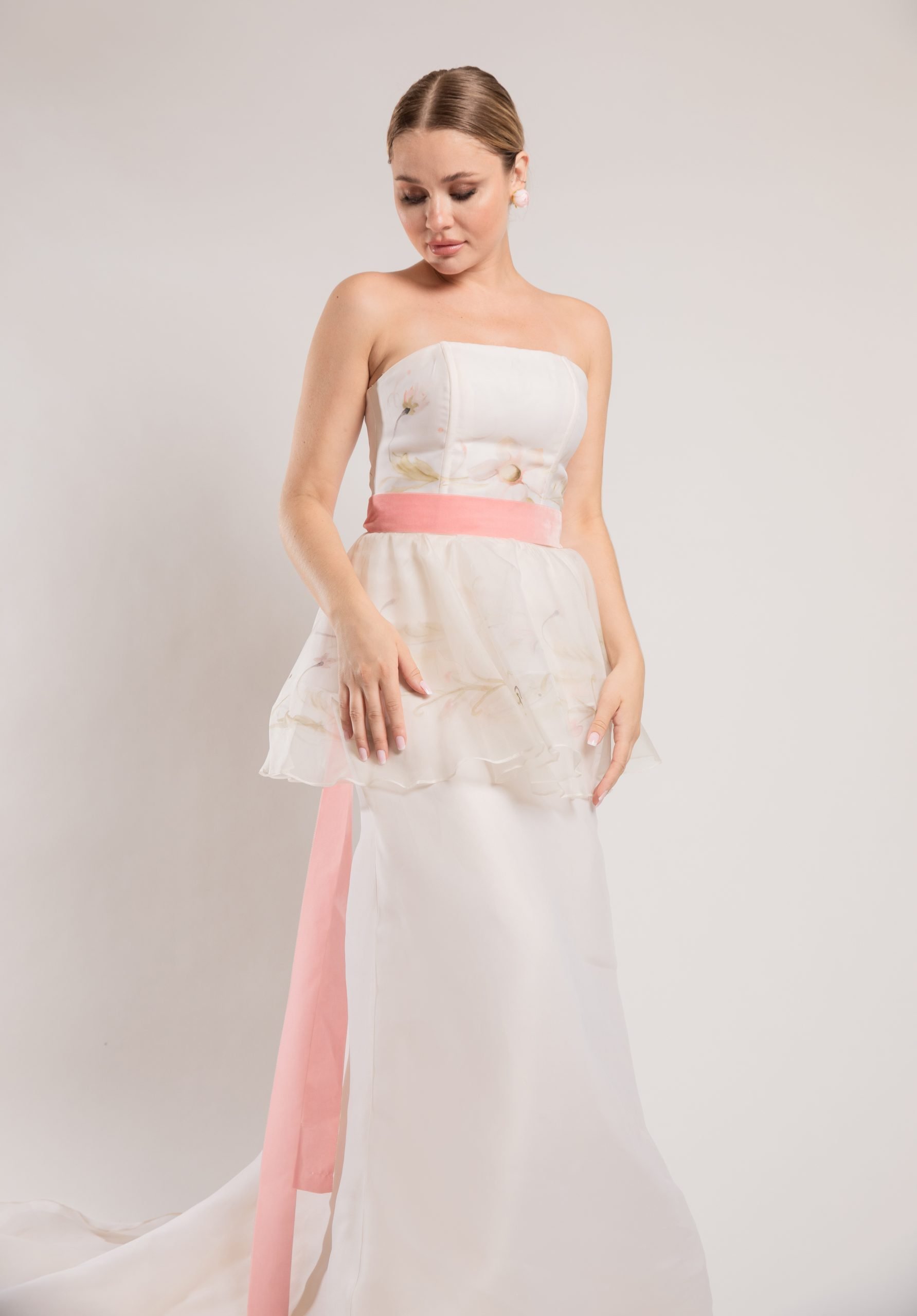 strapless colorful silk wedding dress with velvet ribbon and painted floral