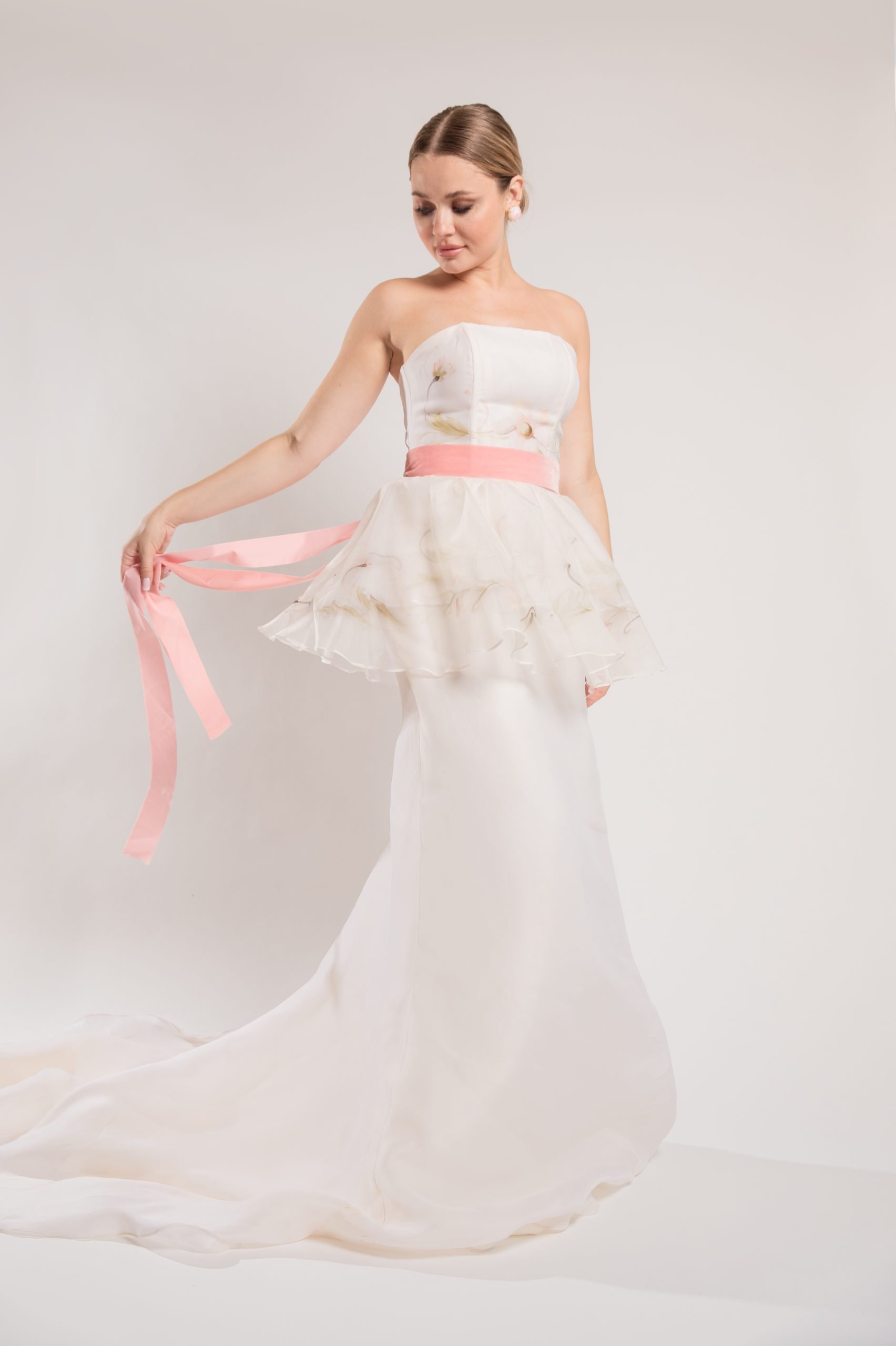colorful silk bridal gown featuring hand painted bodice and detachable ruffle accents