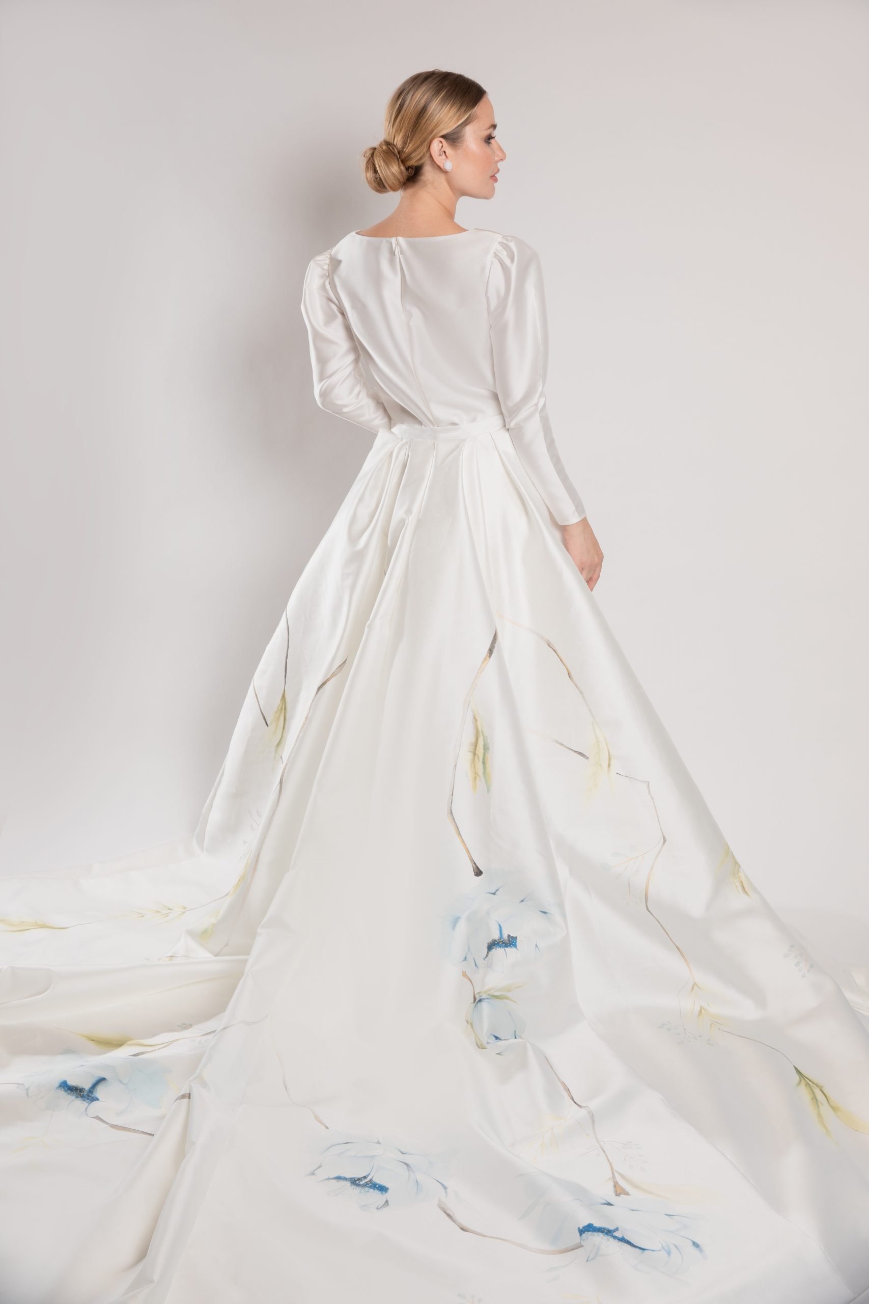 Silk mikado bridal mini dress with detachable oversized skirt and blue peony artwork