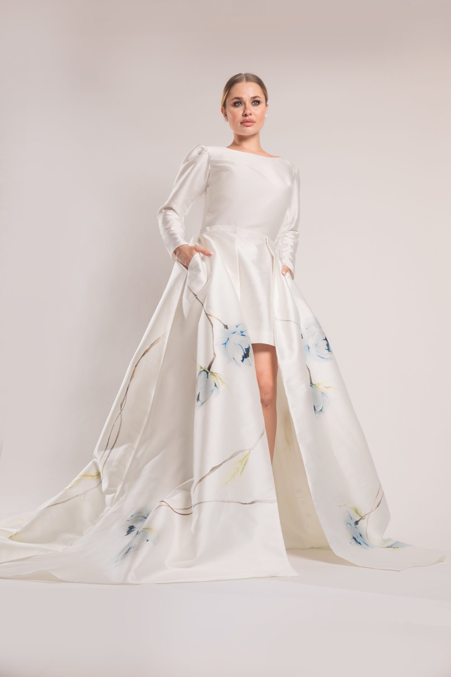 ZB Couture silk mikado long sleeve mini wedding dress with hand painted peony skirt