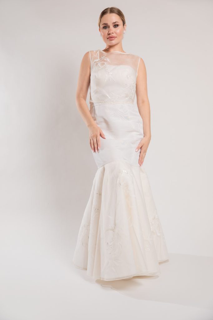 Silk faille trumpet wedding dress with hand painted full circular skirt