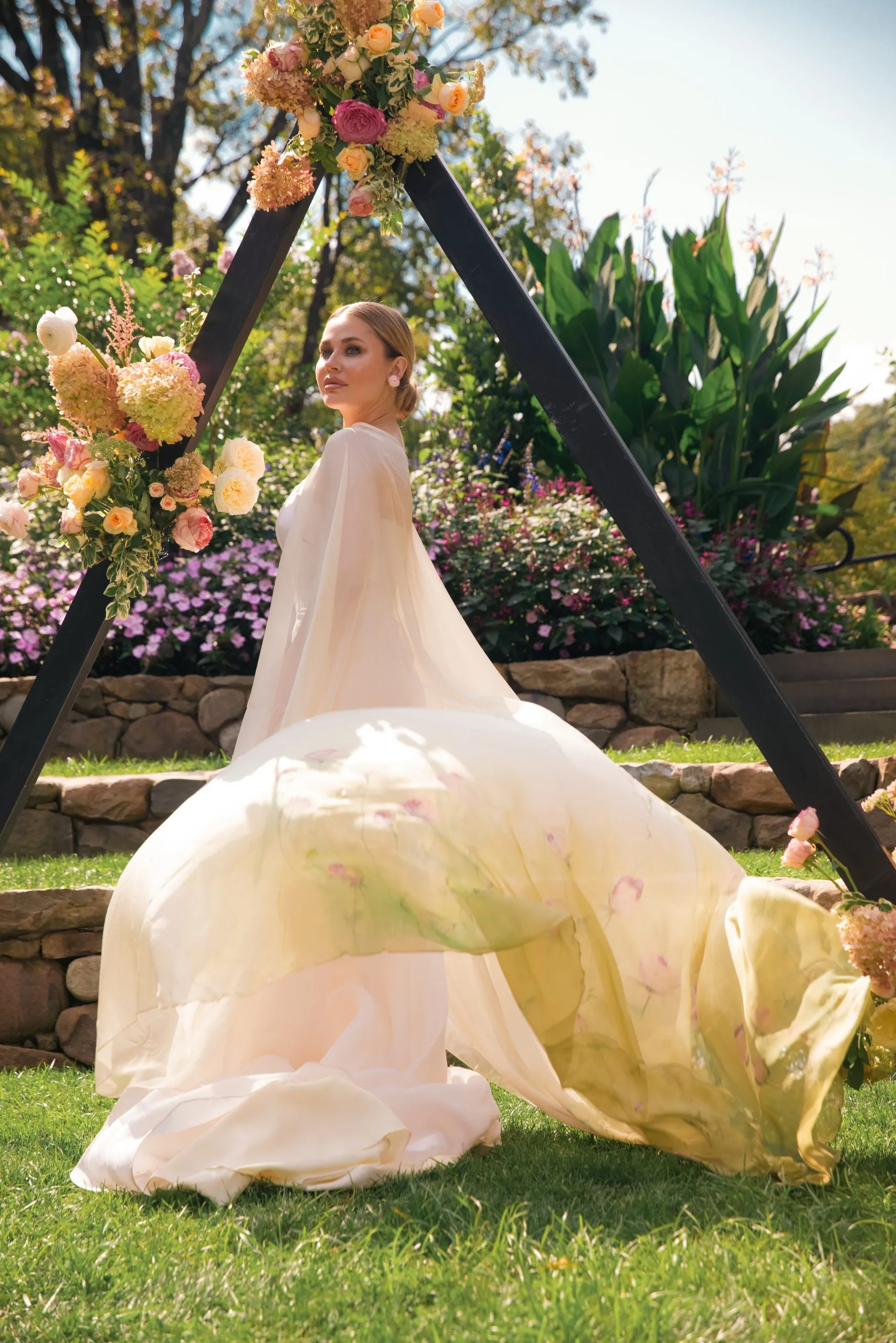 hand painted silk bridal cape in garden