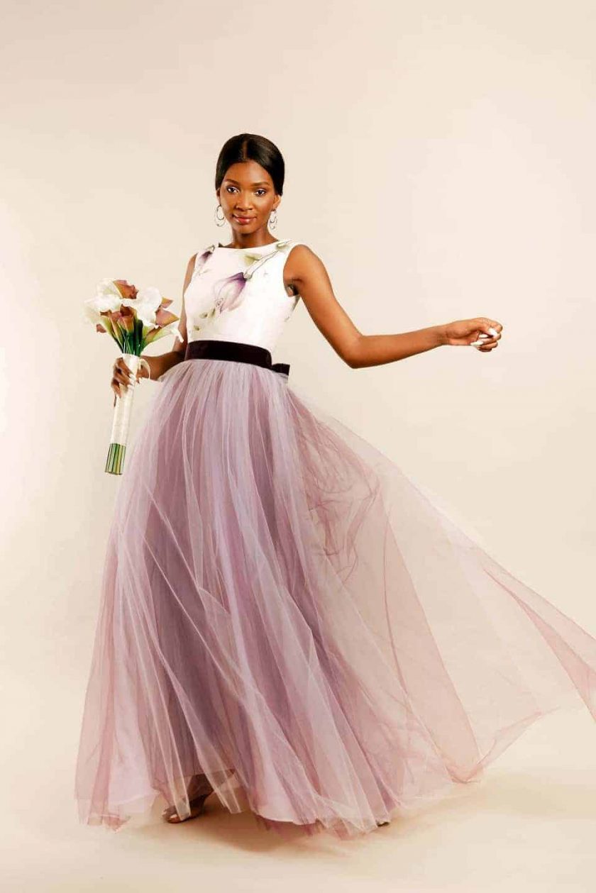 Luxury couture bridal gown with hand painted silk gazar and soft tulle layers