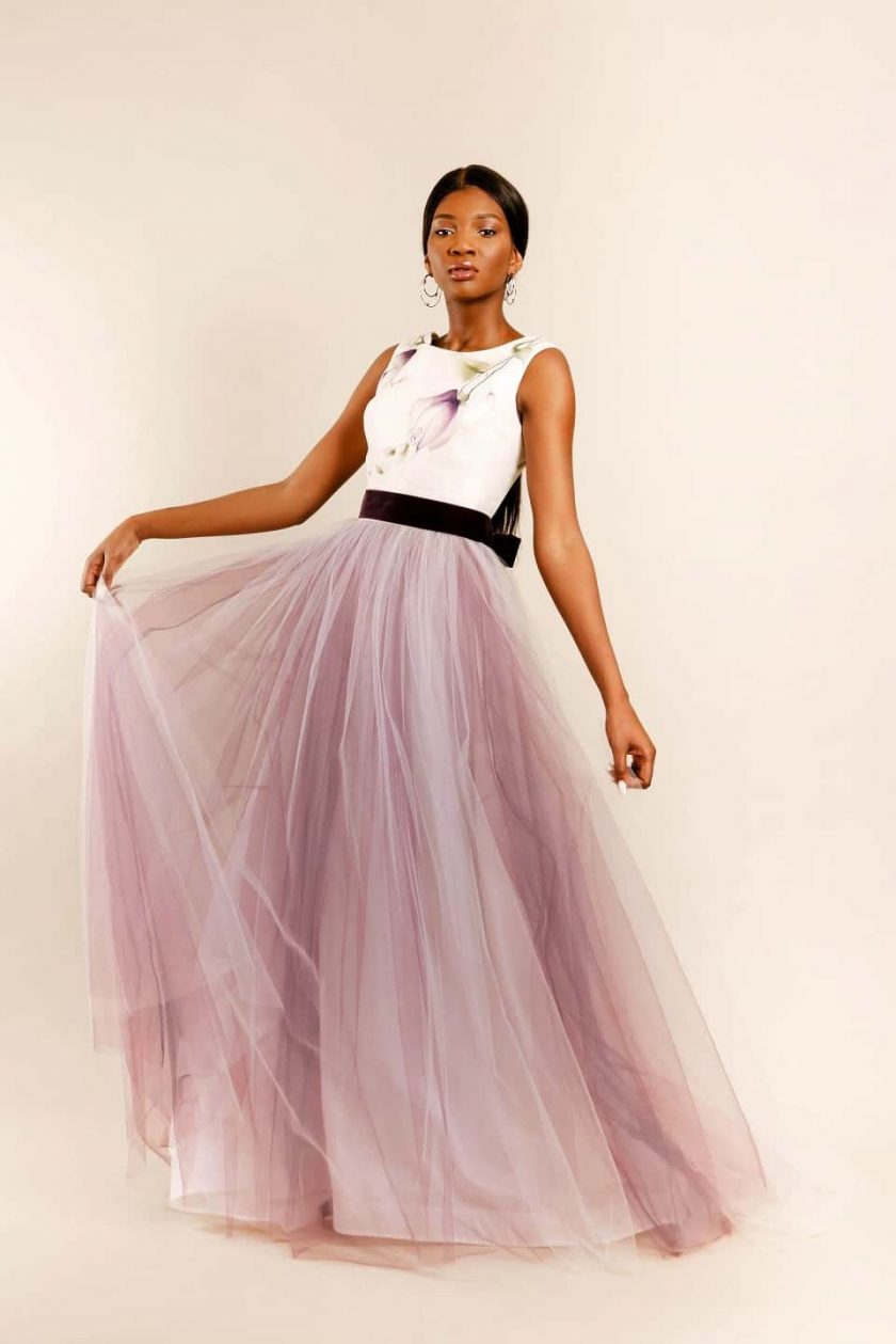 Dreamy tulle wedding dress featuring hand painted silk gazar scoop neck bodice
