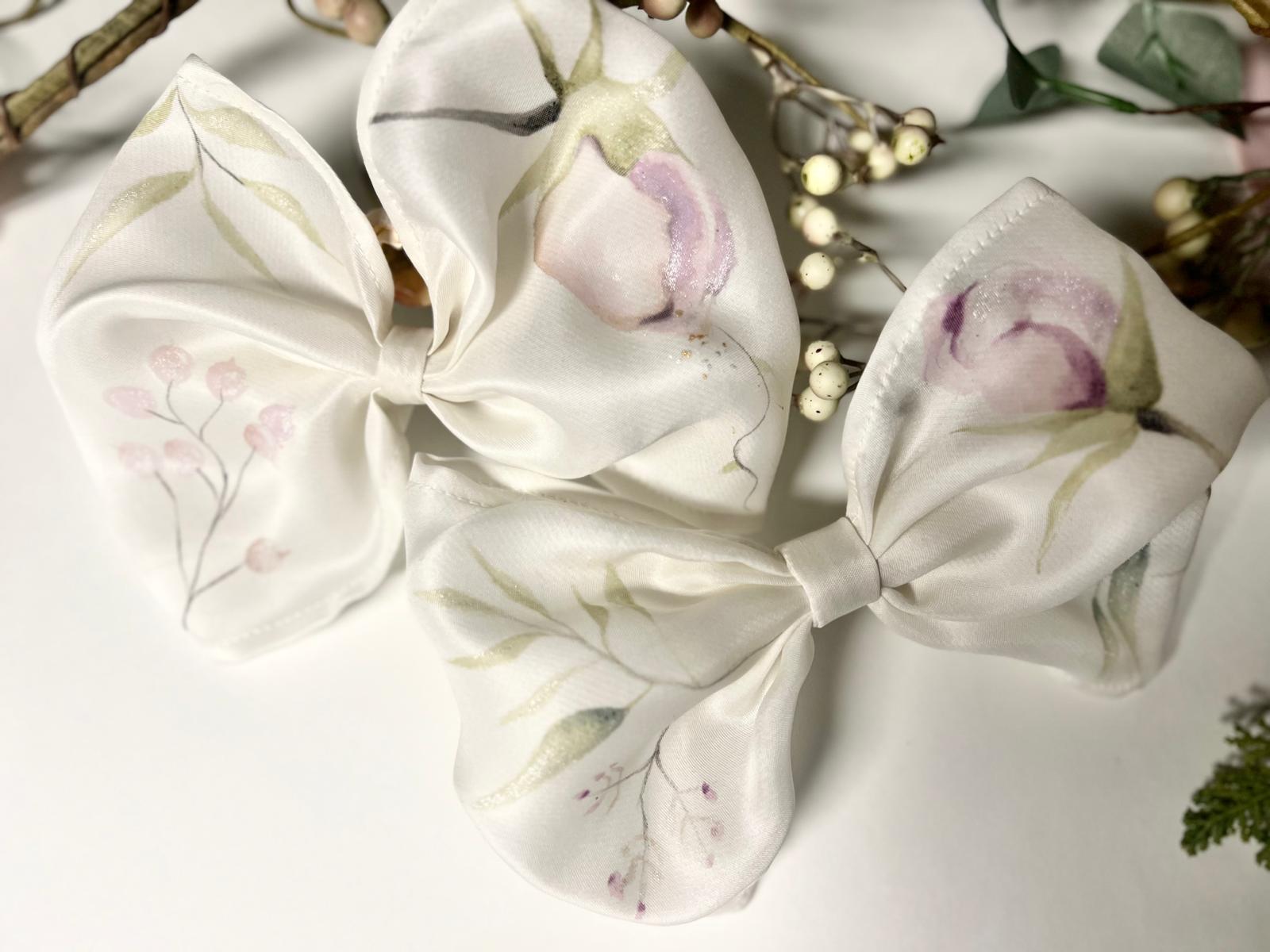 hand painted silk bows with green and blush floral details