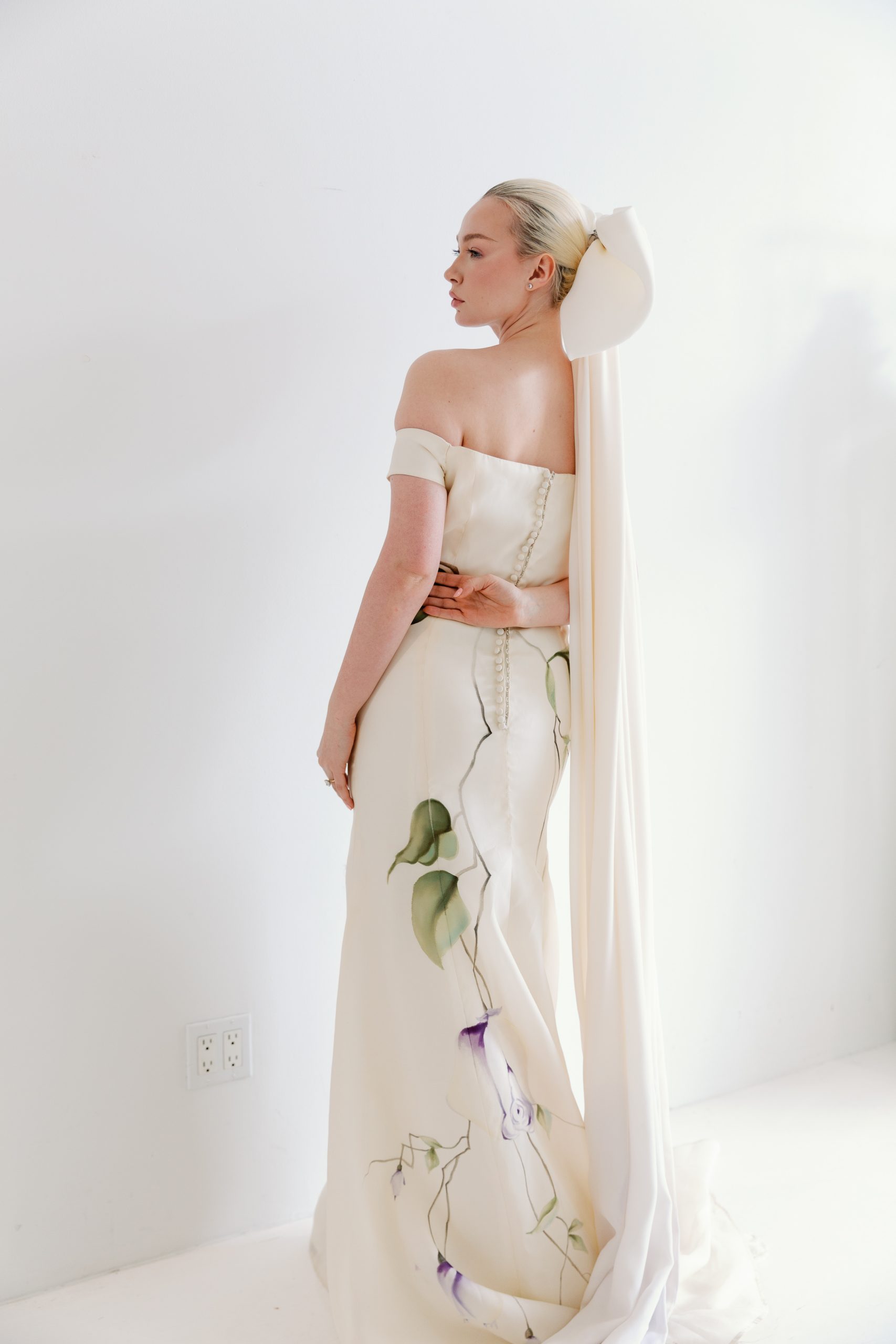 Hand painted silk statement wedding bow with floral and ombre design