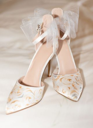 Hand painted silk wedding shoes with gold rose design