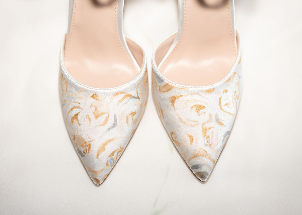 Luxury couture silk wedding shoes hand painted with gold roses