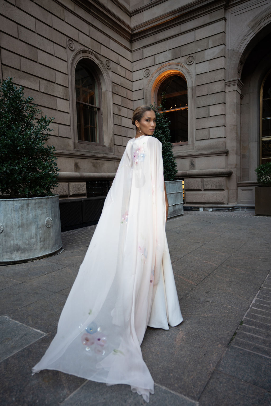 Hand painted silk chiffon bridal cape featuring abstract poppy artwork