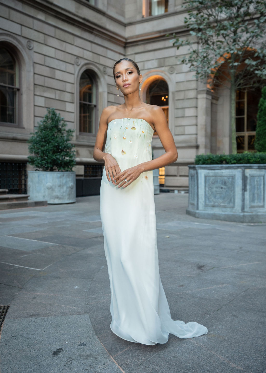 Hand painted silk charmeuse column wedding dress with ombre poppy details