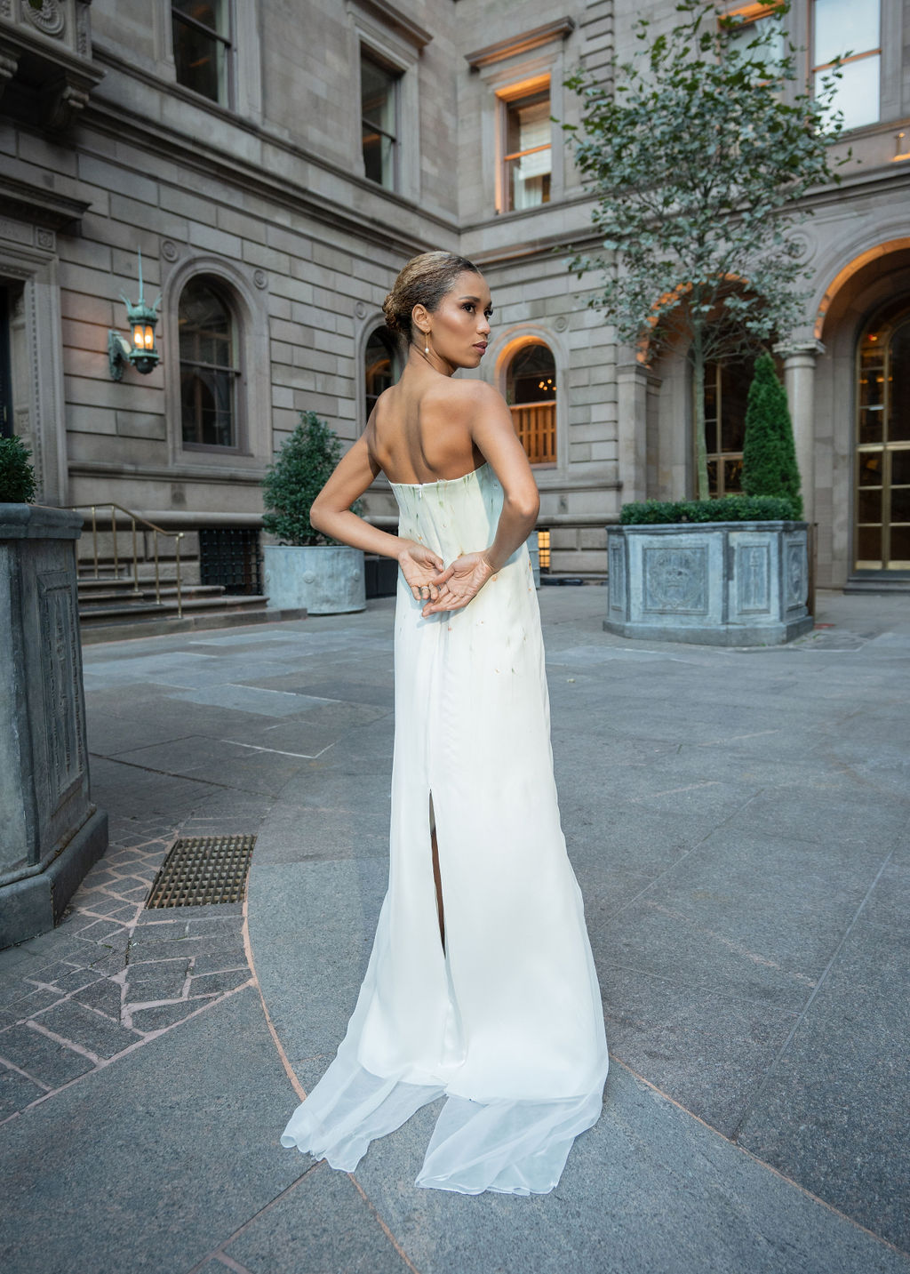 Hand painted poppy silk wedding gown with train and back slit