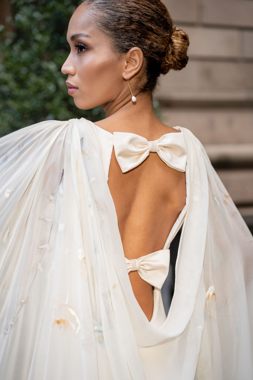 crepe back satin dress with hand painted floral detailing