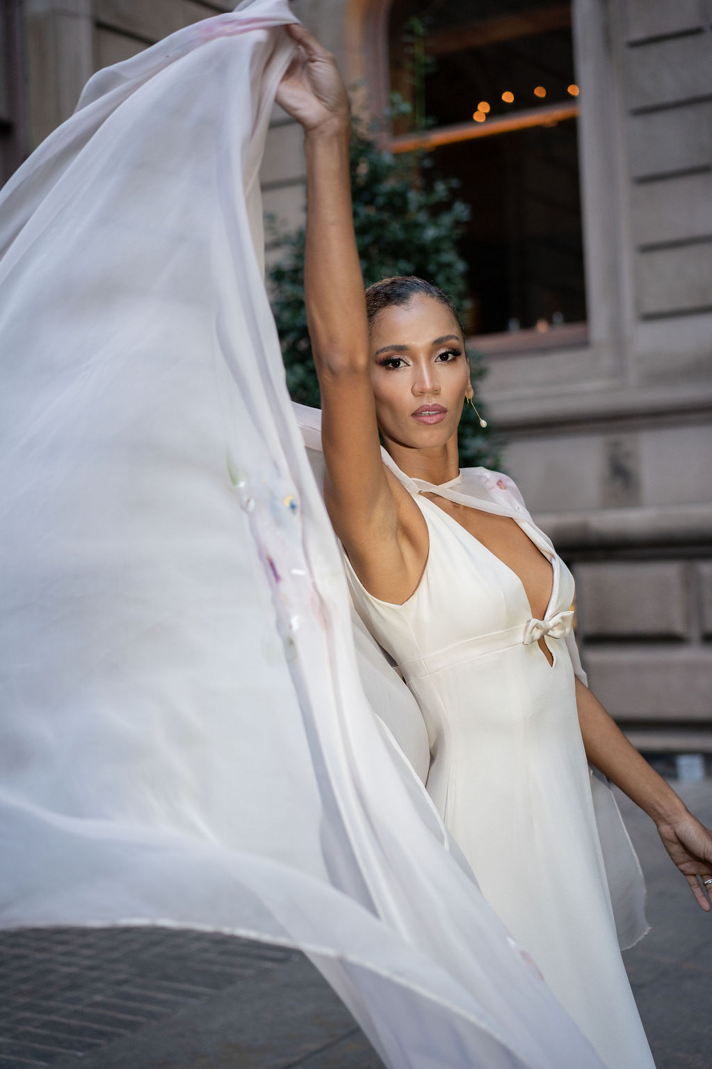 Couture bridal cape with hand painted poppies and flowing silk chiffon