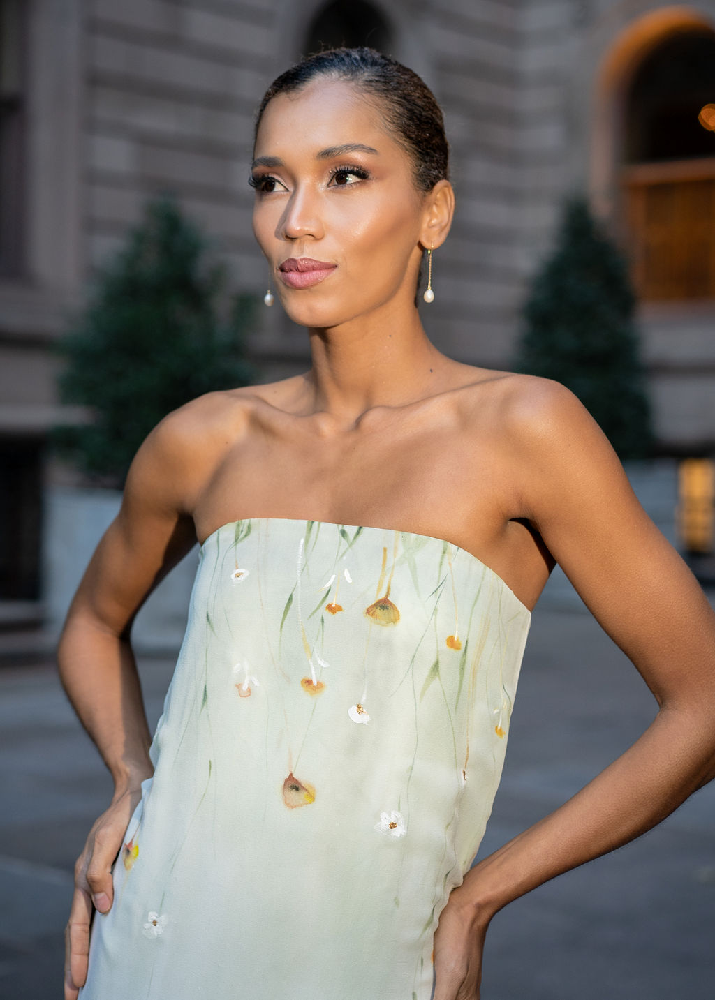 Couture bridal gown featuring hand painted poppies on silk chiffon and charmeuse