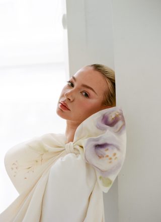 Hand painted silk wedding bow with hand painted poppy design