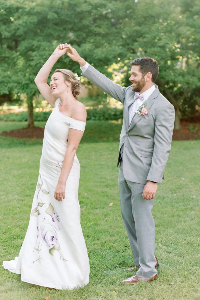 happy bride in hand painted silk wedding dress