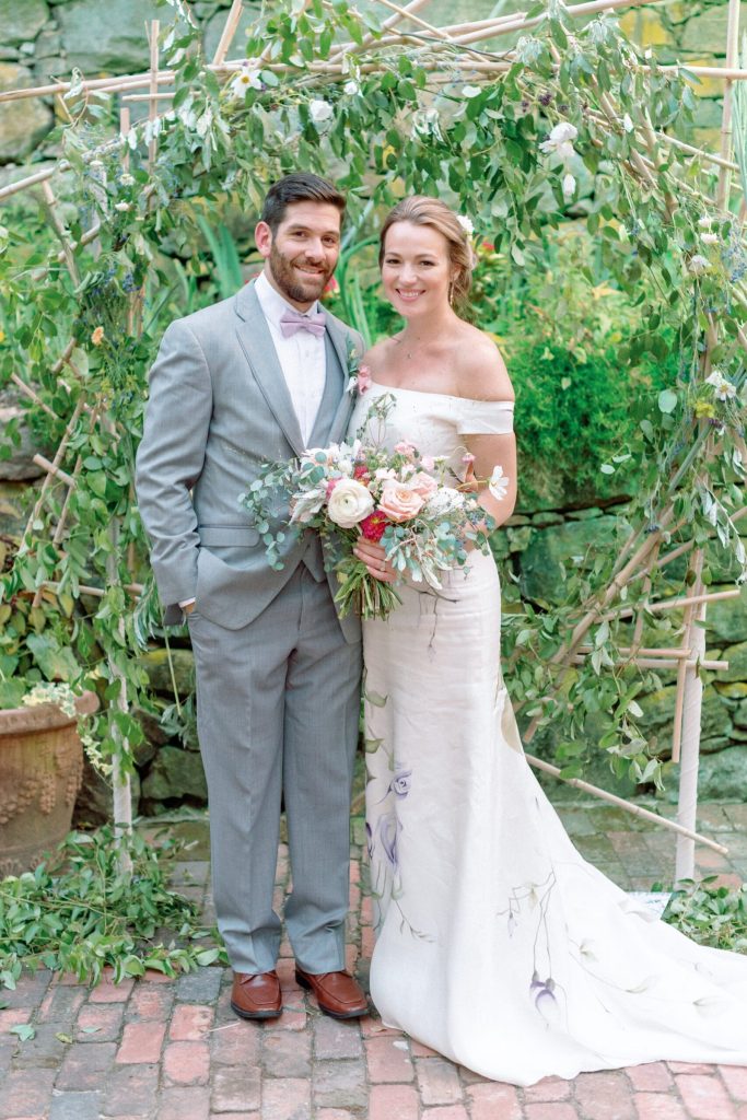 bride smiling in sustainable bridal gown handmade in New York